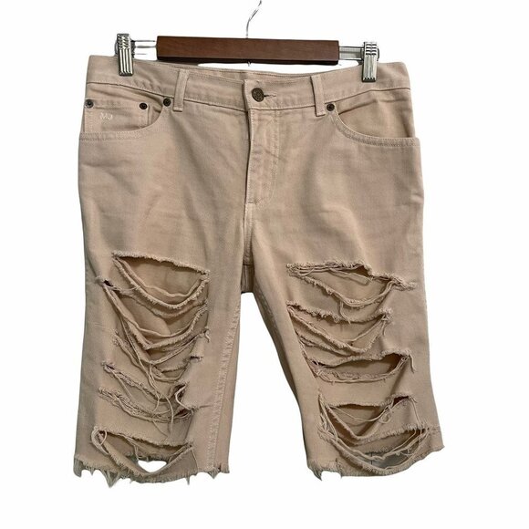 Marc Jacobs Womens Peach Khaki Distressed Cut Off Bermuda Denim Jean Shorts Sz 6 - Picture 1 of 7